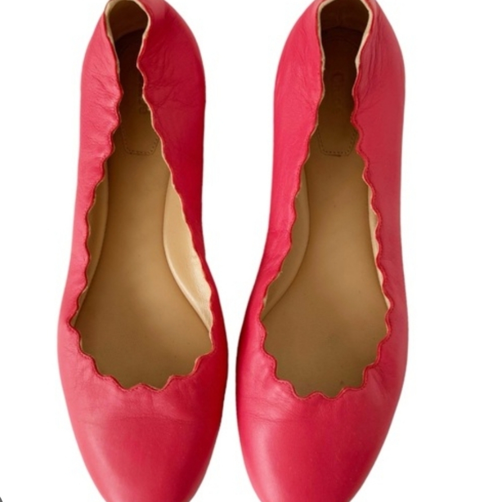 Chloe Lauren Scalloped Leather Ballet Flats Raspberry Pink Size 36